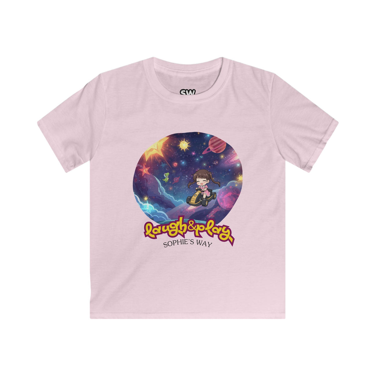 A light pink short-sleeve t-shirt with a colorful graphic on the front. The graphic features a cartoon girl in a space-themed circle with planets and stars, and the text 'Laugh & Play' and 'Sophie's Way' in yellow and orange.