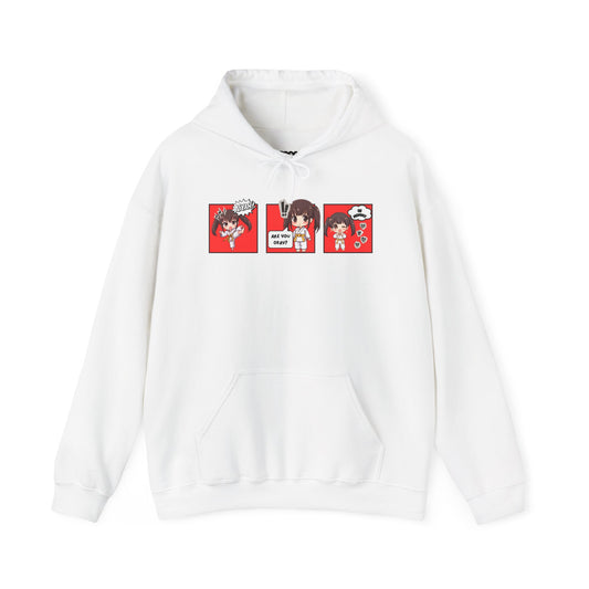 A white pullover hoodie with a red and multicolor anime-style graphic print on the chest of a taekwondo girl saying 'Aiyah!' then 'Are you okay?', and then 'Hi Mommy."