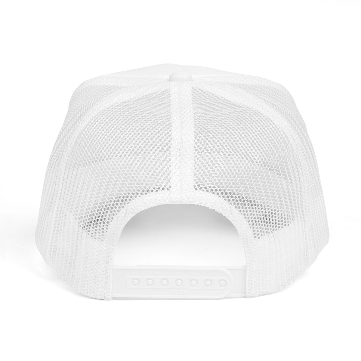 The back of a white mesh cap on a white background
