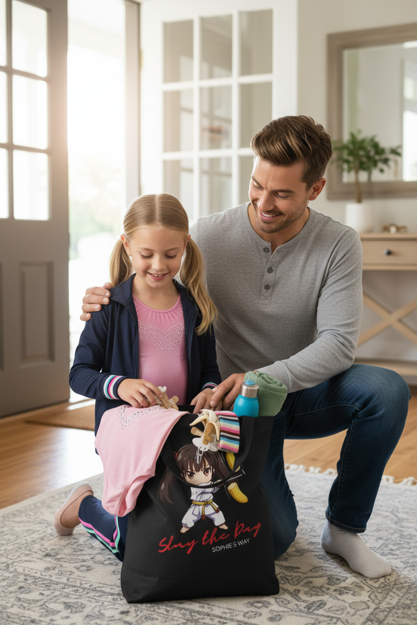 Dad and daughter packing the actual black Slay the Day tote