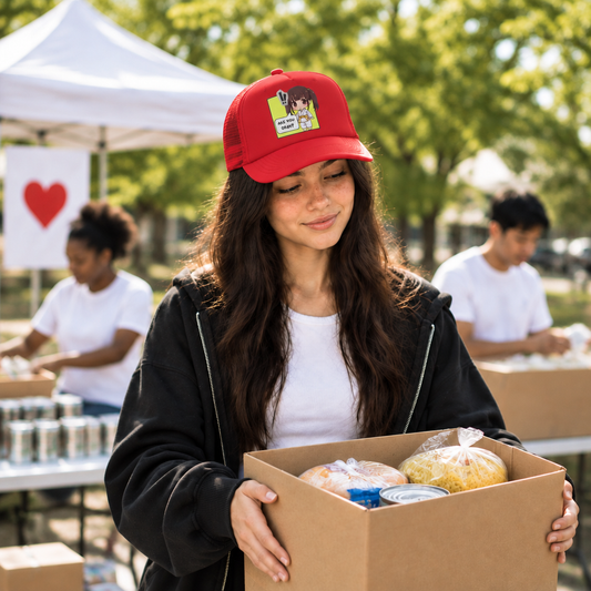 Girl wearing the solid-red Are You Okay? hat while holding a donation box