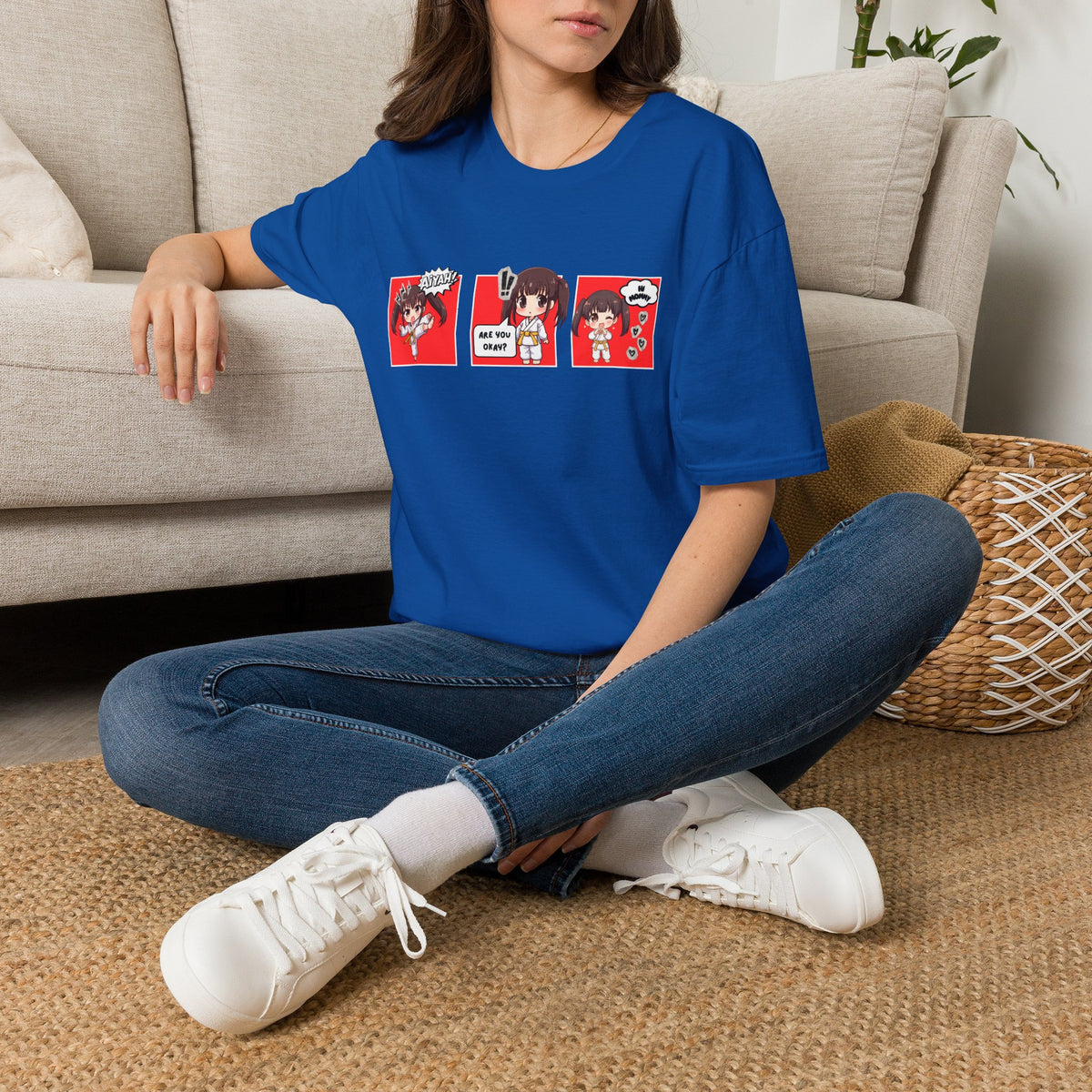 Are You Okay? unisex softstyle t-shirt in royal blue with chibi taekwondo girl three-panel comic strip graphic — "Aiyah!", "Are You Okay?", "Hi Mommy"