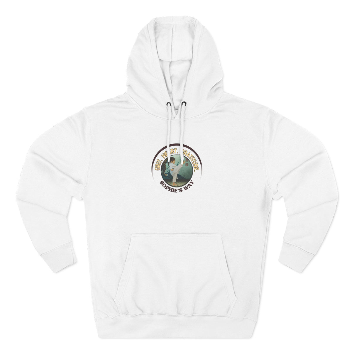 A white pullover hoodie with a circular graphic on the chest that reads 'Grit. Heart. Gratitude. Sophie's Way' around a globe design around a taekwondo tot doing a side kick. The hoodie features a drawstring hood, long sleeves, and a front kangaroo pocket.