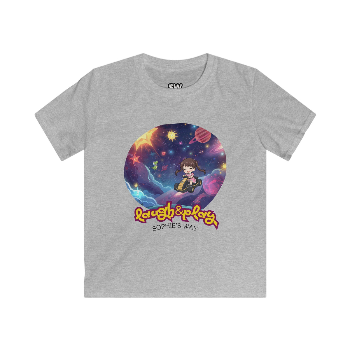 A sport gray short-sleeve t-shirt with a colorful graphic of a cartoon girl in space and the text 'Laugh & Play' and 'Sophie's Way'.