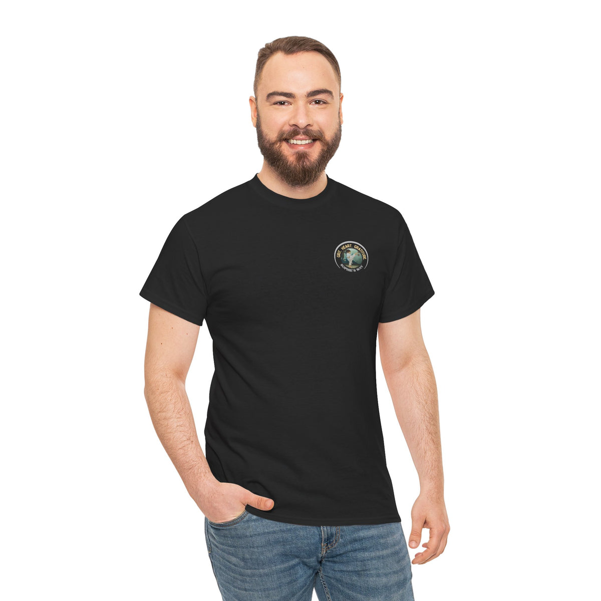 Black t-shirt with a small round logo of a taekwondo girl doing a side kick and the words Grit. Heart. Gratitude. Sophie's Way.