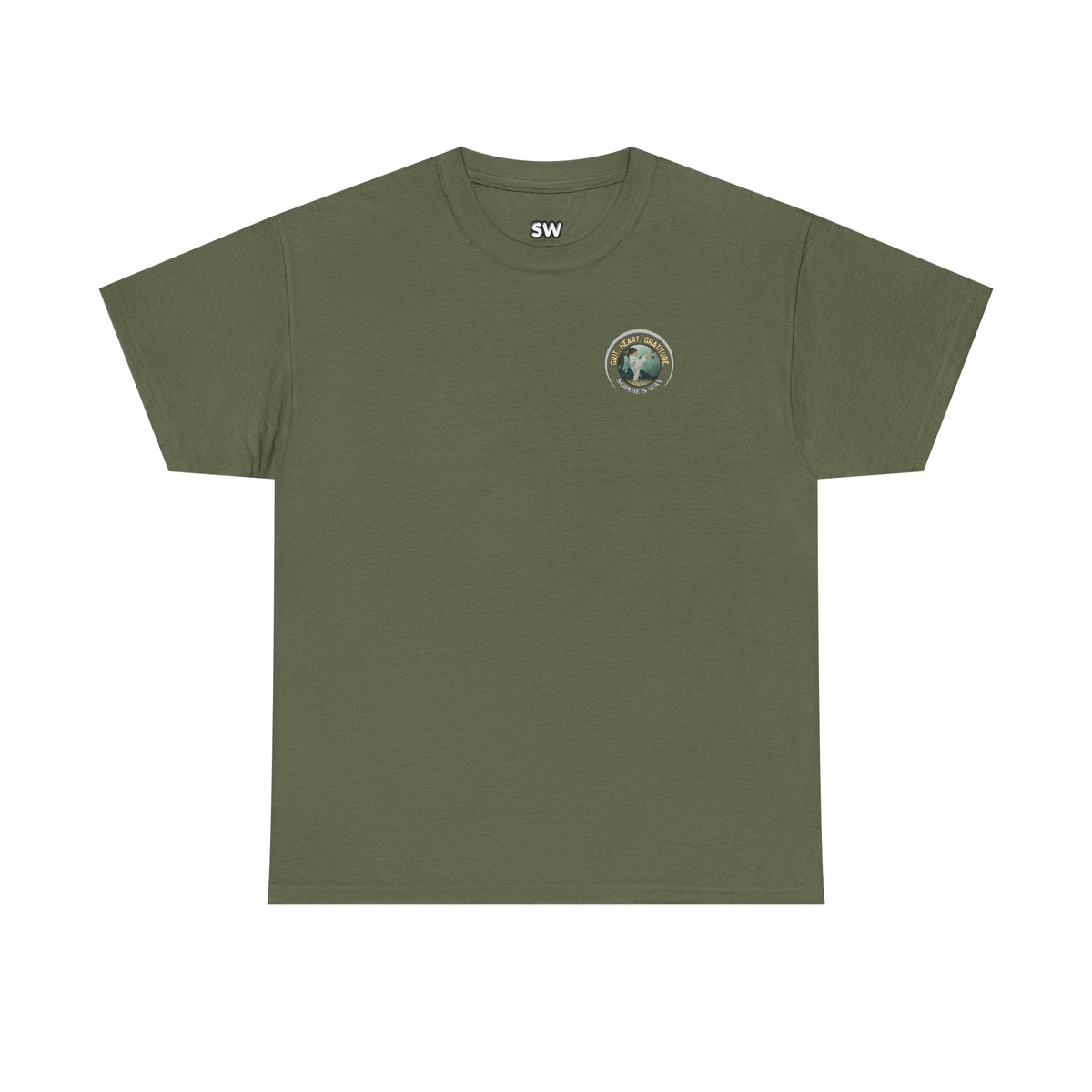Military green colored t-shirt with a small round logo of a taekwondo girl doing a side kick and the words Grit. Heart. Gratitude. Sophie's Way.