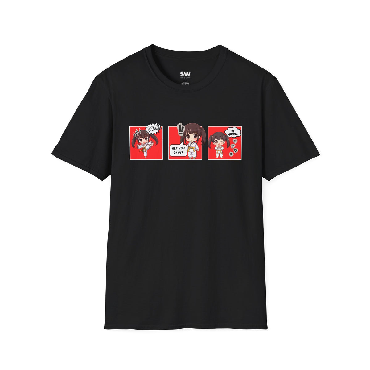 Are You Okay? unisex softstyle t-shirt in black with chibi taekwondo girl three-panel comic strip graphic — "Aiyah!", "Are You Okay?", "Hi Mommy"