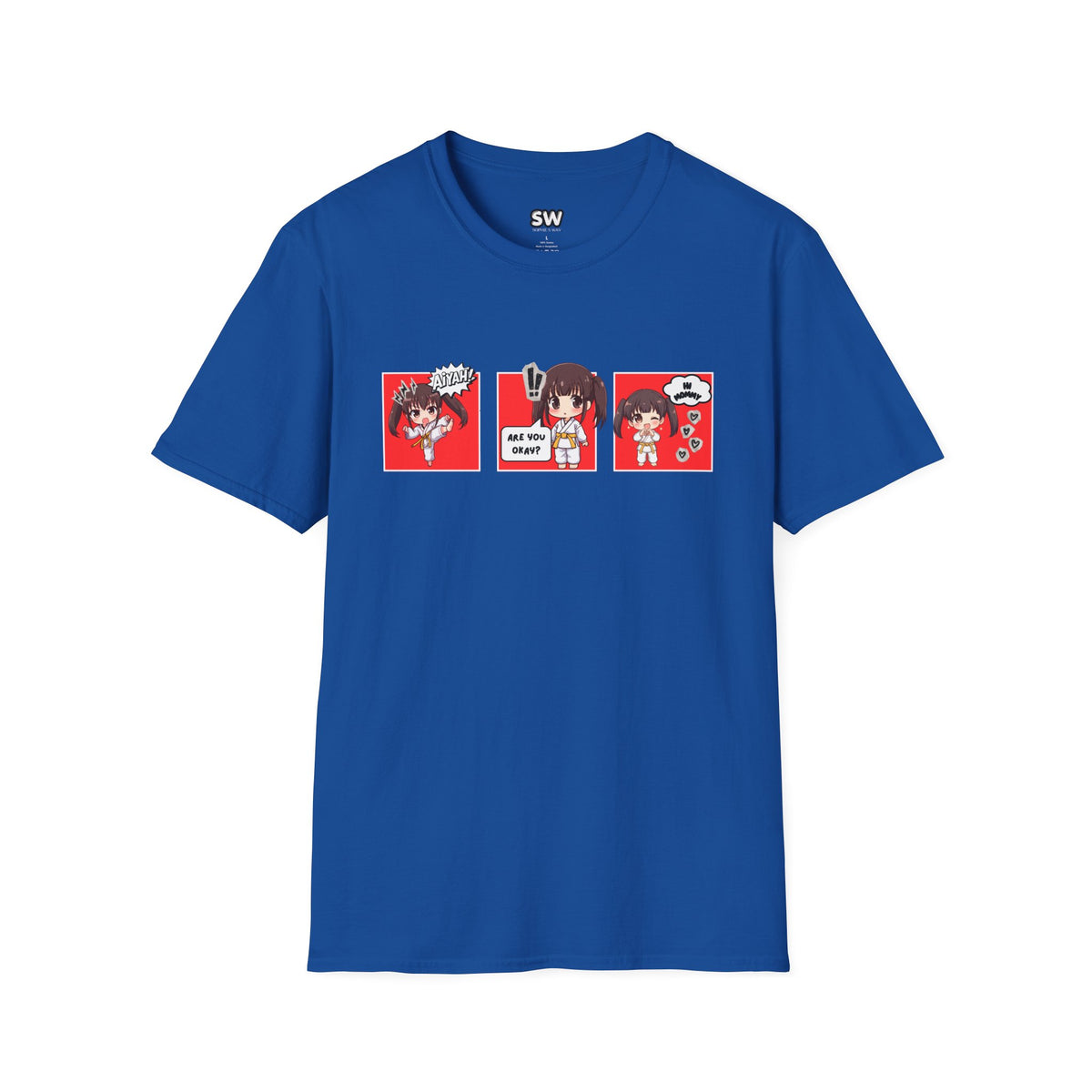 Are You Okay? unisex softstyle t-shirt in royal blue with chibi taekwondo girl three-panel comic strip graphic — "Aiyah!", "Are You Okay?", "Hi Mommy"