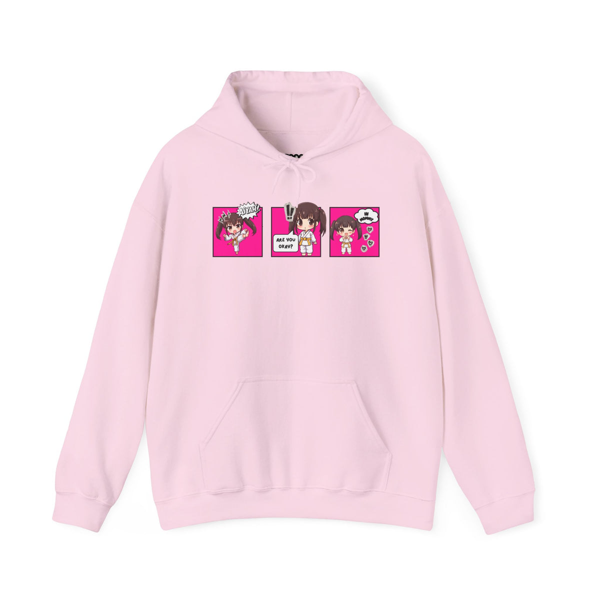A pink pullover hoodie with a red and multicolor anime-style graphic print on the chest of a taekwondo girl saying 'Aiyah!' then 'Are you okay?', and then 'Hi Mommy.'