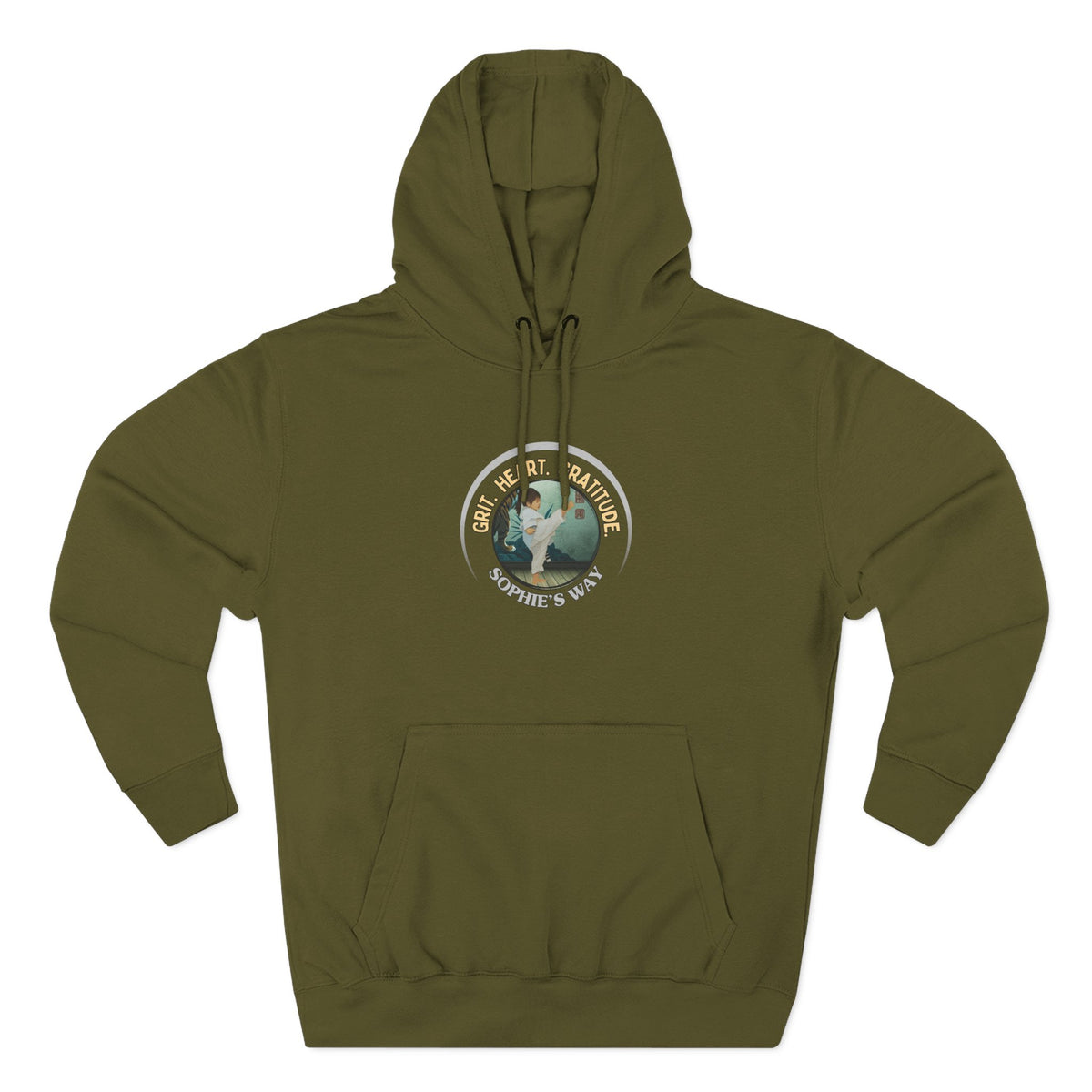 A army green pullover hoodie with a circular graphic on the chest that reads 'Grit. Heart. Gratitude. Sophie's Way' around a globe design around a taekwondo tot doing a side kick. The hoodie features a drawstring hood, long sleeves, and a front kangaroo pocket.