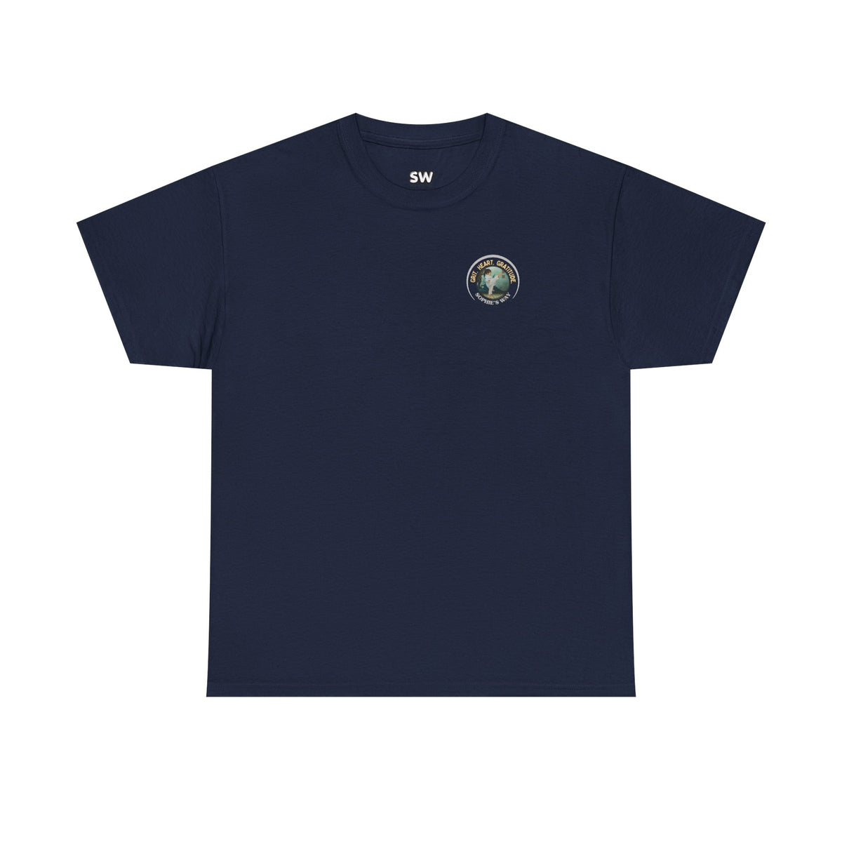 Navy t-shirt with a small round logo of a taekwondo girl doing a side kick and the words Grit. Heart. Gratitude. Sophie's Way.
