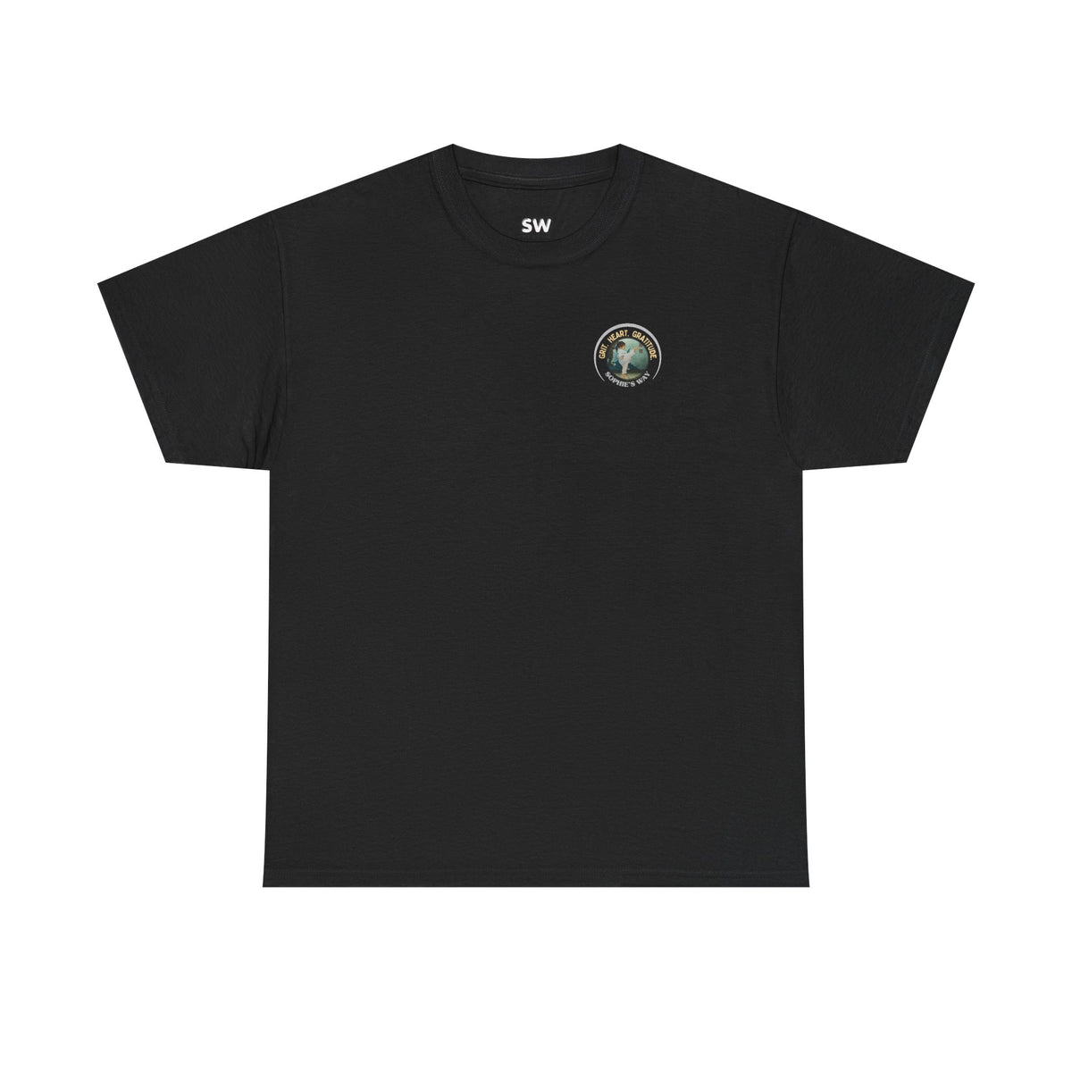 Black t-shirt with a small round logo of a taekwondo girl doing a side kick and the words Grit. Heart. Gratitude. Sophie's Way.