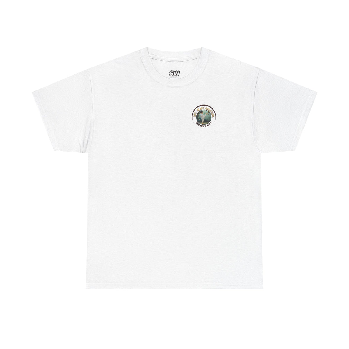 White t-shirt with a small round logo of a taekwondo girl doing a side kick and the words Grit. Heart. Gratitude. Sophie's Way.