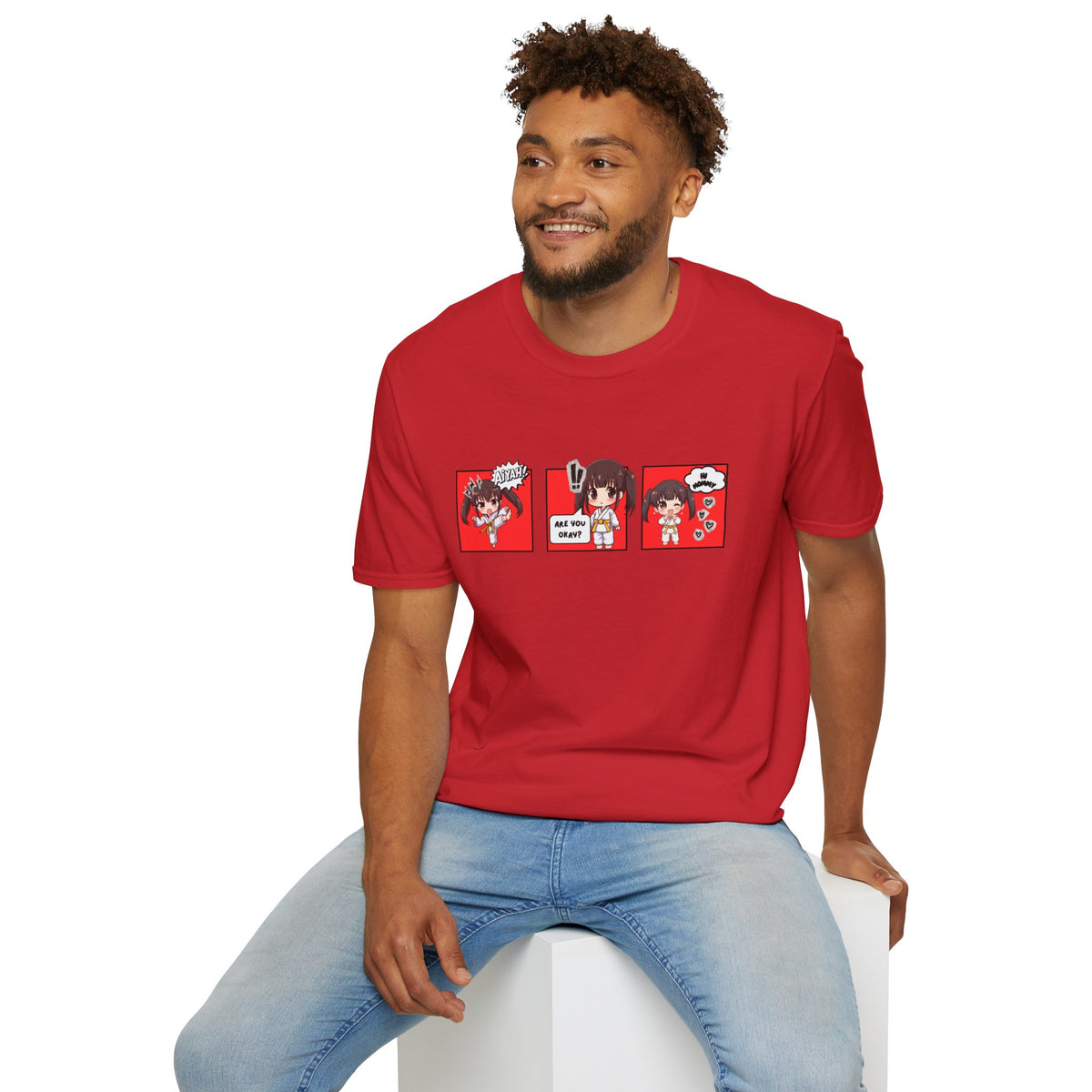 Are You Okay? unisex softstyle t-shirt in red with chibi taekwondo girl three-panel comic strip graphic — "Aiyah!", "Are You Okay?", "Hi Mommy"