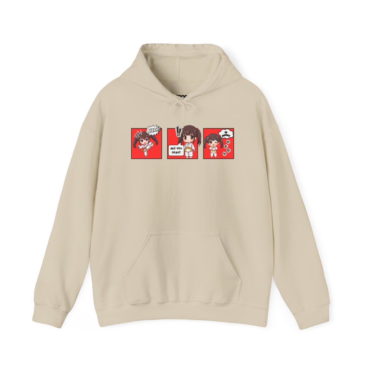 A sand color pullover hoodie with a red and multicolor anime-style graphic print on the chest of a taekwondo girl saying 'Aiyah!' then 'Are you okay?', and then 'Hi Mommy."