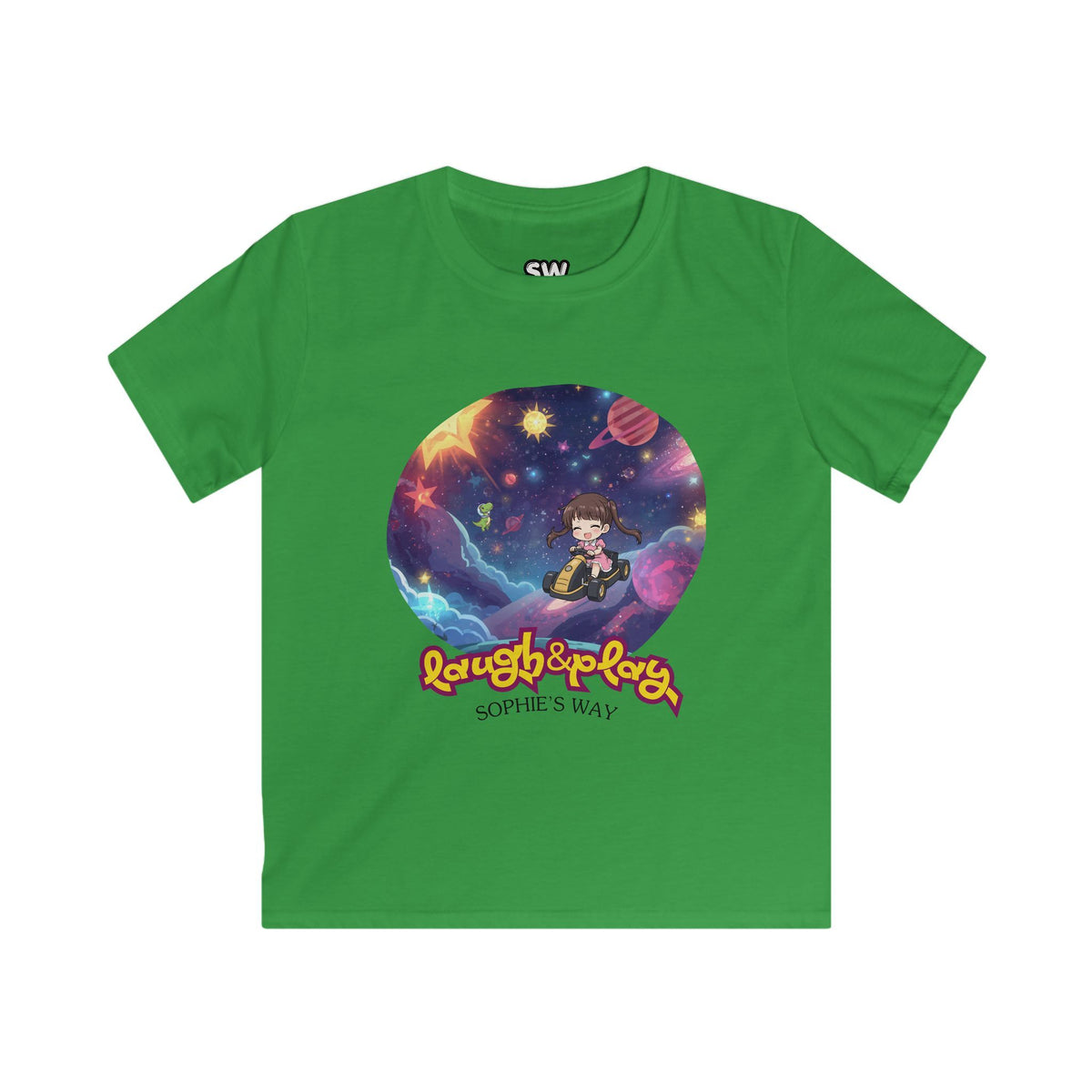 An Irish green short-sleeve t-shirt with a colorful graphic of a cartoon girl in space and the text 'Laugh & Play Sophie's Way' printed on the front.