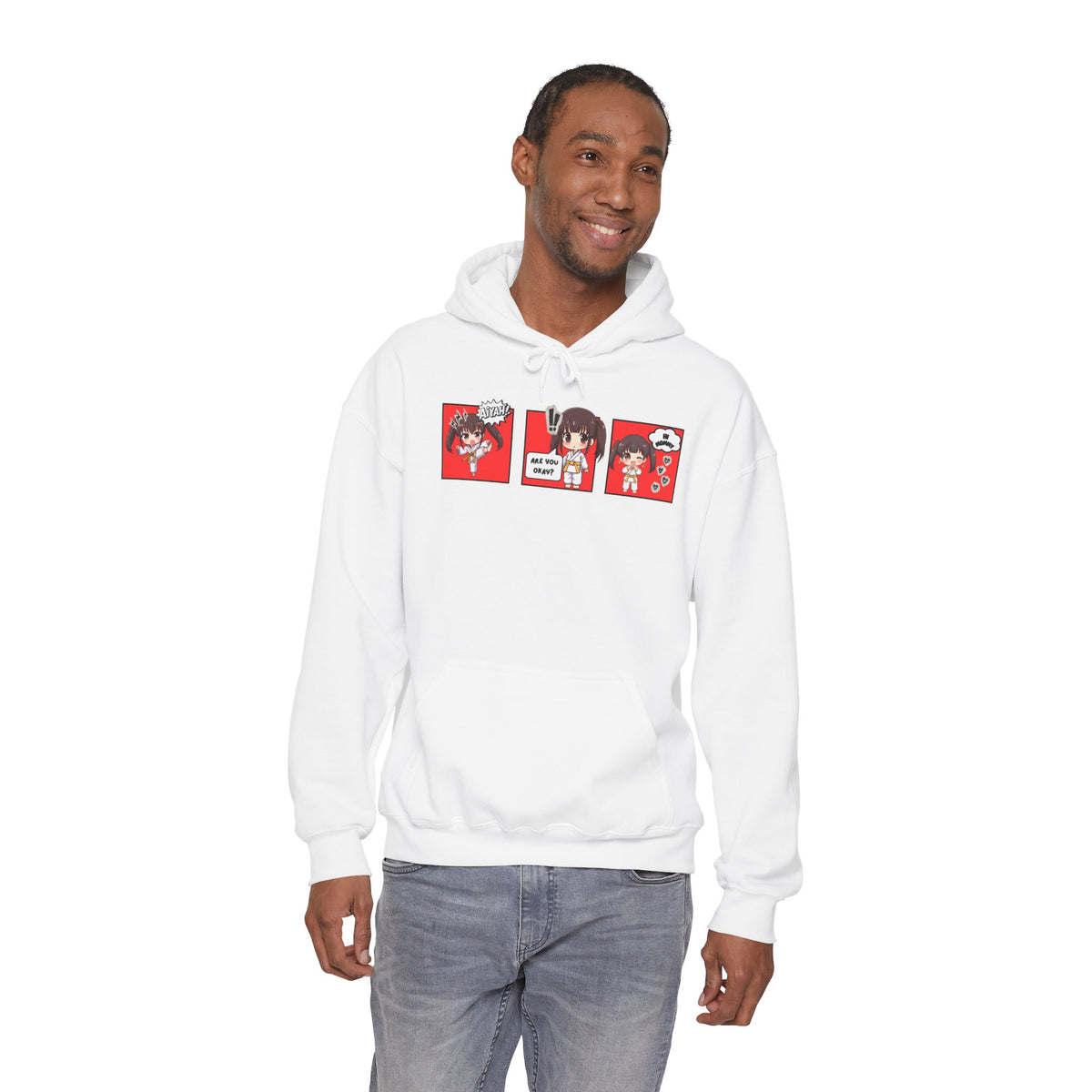 A white pullover hoodie with a red and multicolor anime-style graphic print on the chest of a taekwondo girl saying 'Aiyah!' then 'Are you okay?', and then 'Hi Mommy."