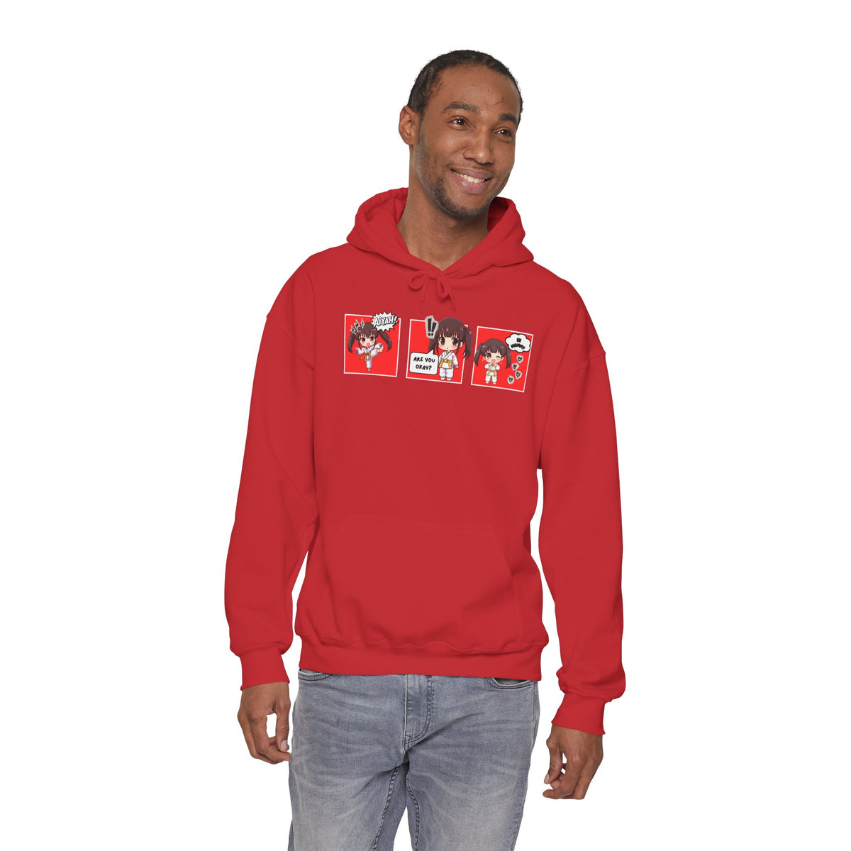 A red pullover hoodie with a red and multicolor anime-style graphic print on the chest of a taekwondo girl saying 'Aiyah!' then 'Are you okay?', and then 'Hi Mommy.'