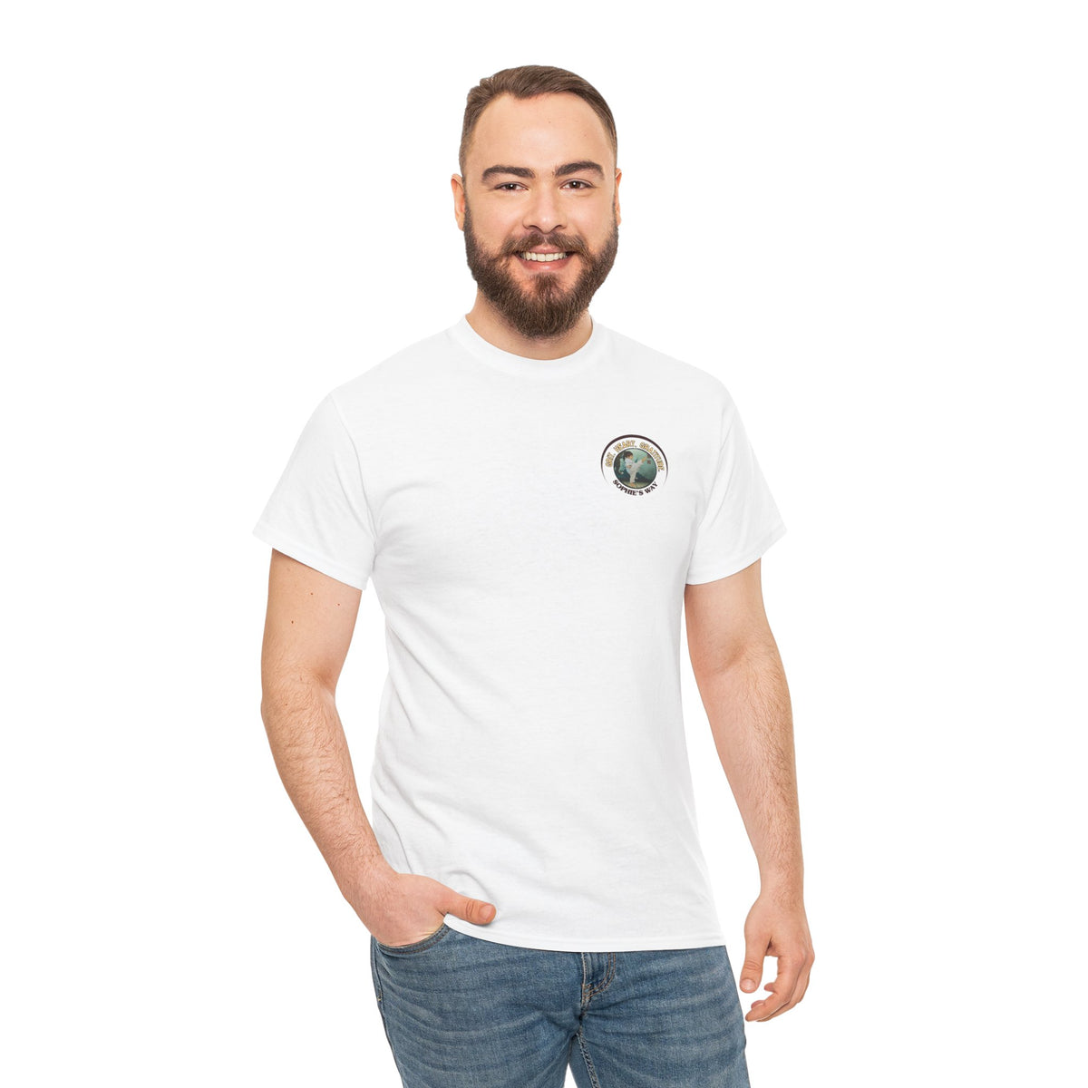 White t-shirt with a small round logo of a taekwondo girl doing a side kick and the words Grit. Heart. Gratitude. Sophie's Way.