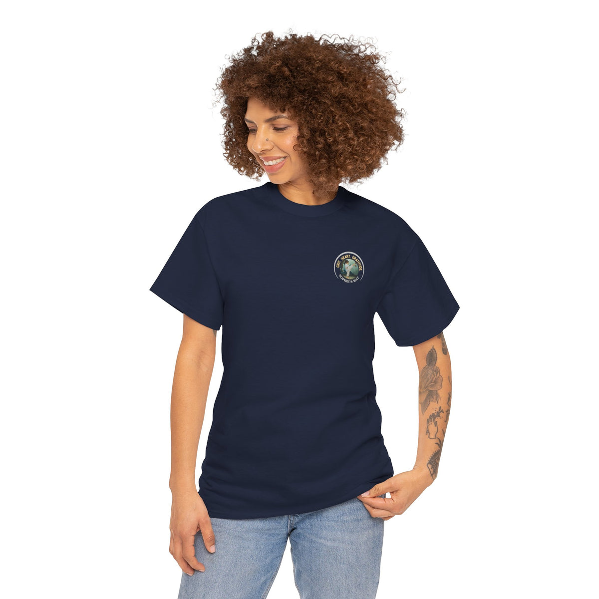 Navy t-shirt with a small round logo of a taekwondo girl doing a side kick and the words Grit. Heart. Gratitude. Sophie's Way.