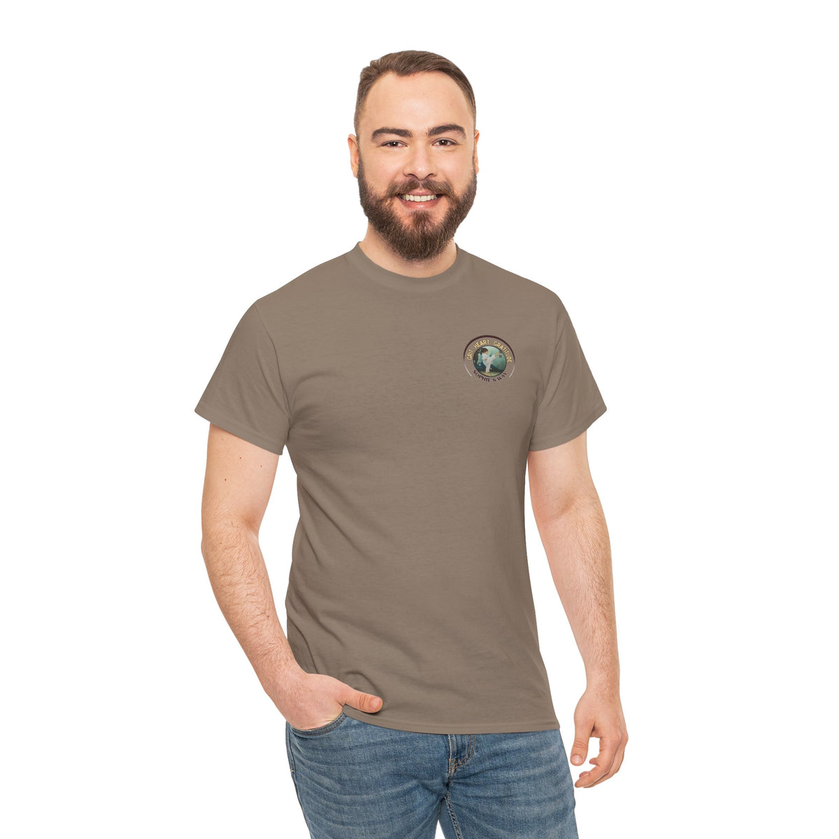 Brown savanna colored t-shirt with a small round logo of a taekwondo girl doing a side kick and the words Grit. Heart. Gratitude. Sophie's Way.