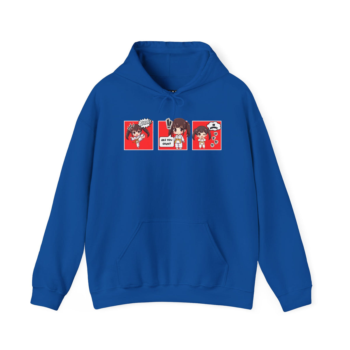 A royal blue pullover hoodie with a red and multicolor anime-style graphic print on the chest of a taekwondo girl saying 'Aiyah!' then 'Are you okay?', and then 'Hi Mommy.'