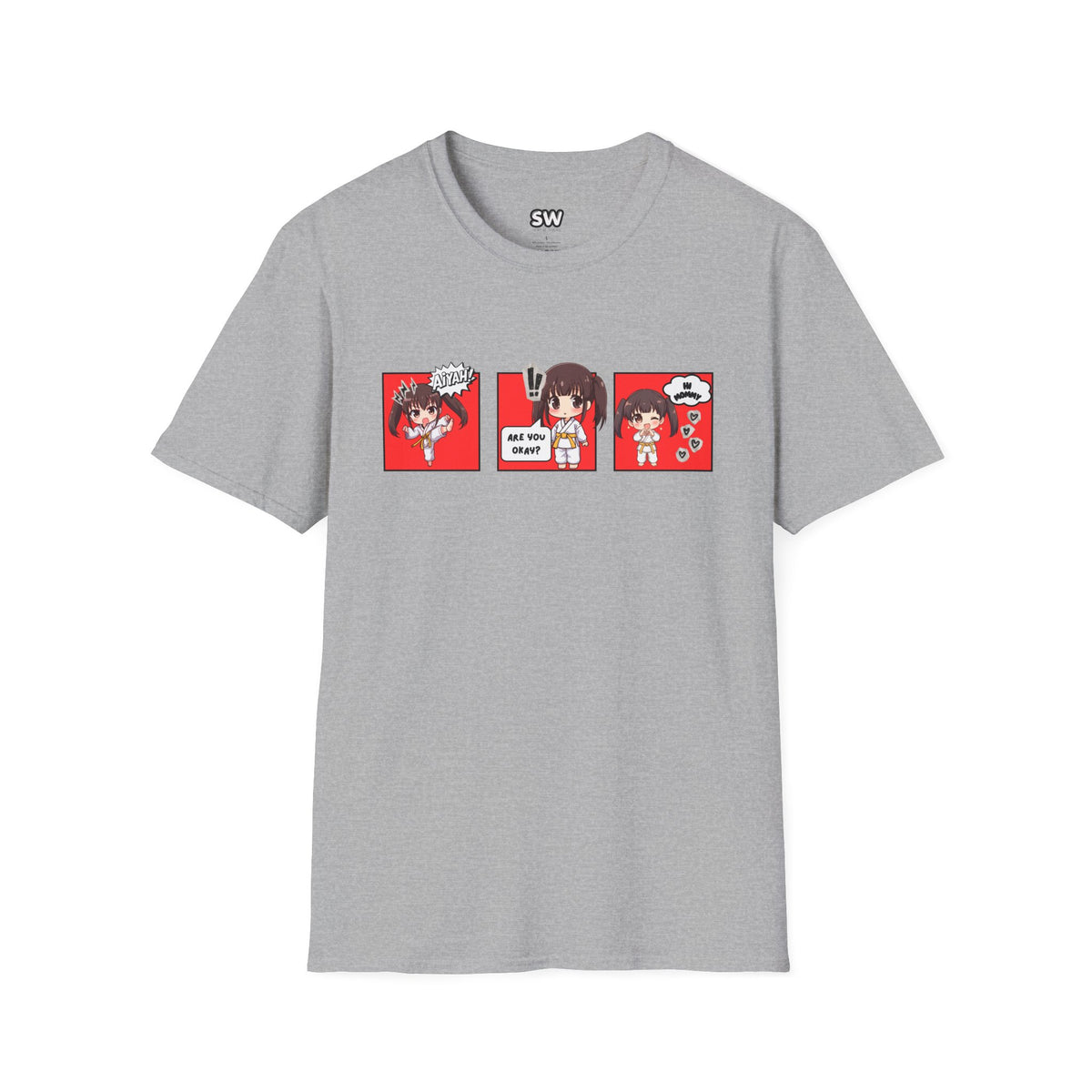 Are You Okay? unisex softstyle t-shirt in sport grey with chibi taekwondo girl three-panel comic strip graphic — "Aiyah!", "Are You Okay?", "Hi Mommy"