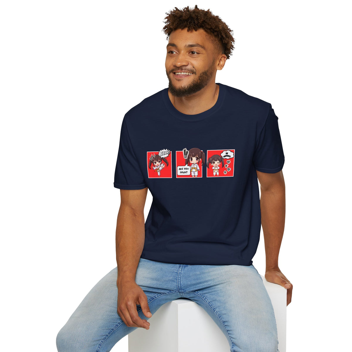 Are You Okay? unisex softstyle t-shirt in navy blue with chibi taekwondo girl three-panel comic strip graphic — "Aiyah!", "Are You Okay?", "Hi Mommy"