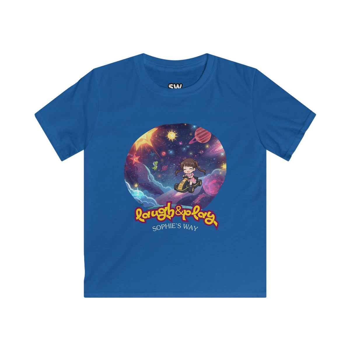 A royal blue short-sleeve crewneck t-shirt featuring a colorful graphic of a cartoon girl in space with the text 'Laugh & Play' and 'Sophie's Way'.
