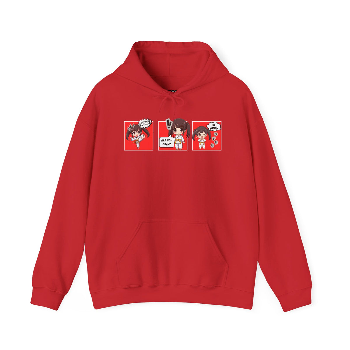 A red pullover hoodie with a red and multicolor anime-style graphic print on the chest of a taekwondo girl saying 'Aiyah!' then 'Are you okay?', and then 'Hi Mommy.'