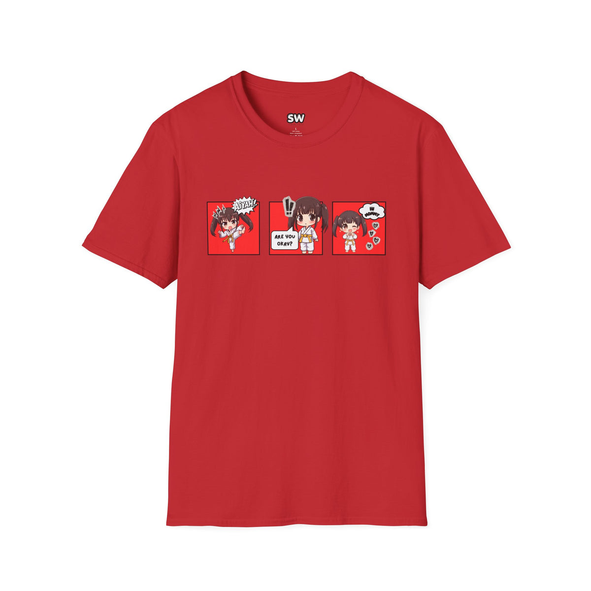 Are You Okay? unisex softstyle t-shirt in red with chibi taekwondo girl three-panel comic strip graphic — "Aiyah!", "Are You Okay?", "Hi Mommy"