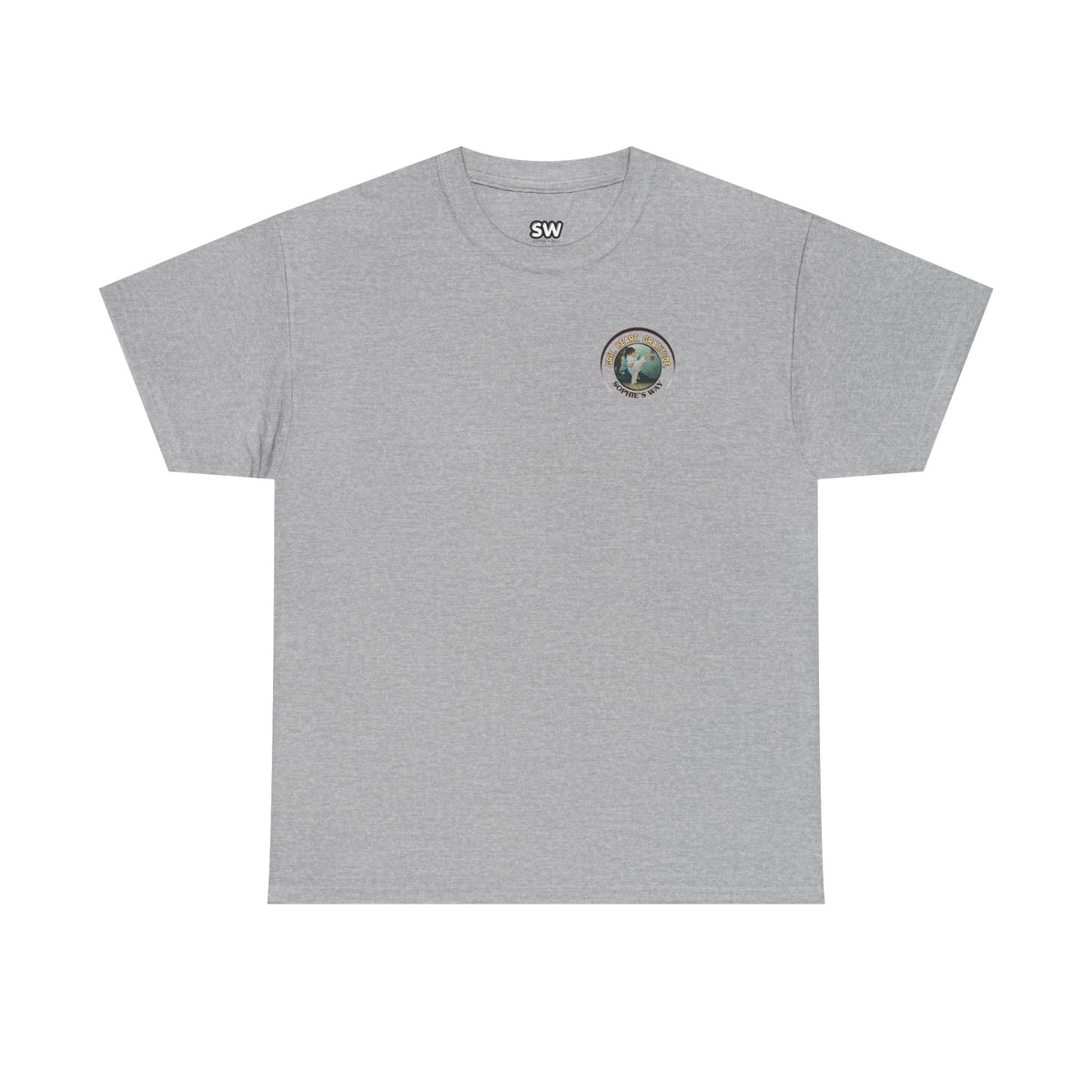 Sport grey colored t-shirt with a small round logo of a taekwondo girl doing a side kick and the words Grit. Heart. Gratitude. Sophie's Way.