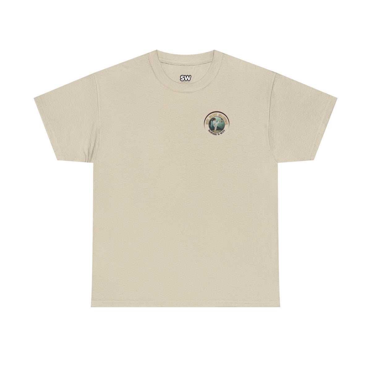 Sand colored t-shirt with a small round logo of a taekwondo girl doing a side kick and the words Grit. Heart. Gratitude. Sophie's Way.