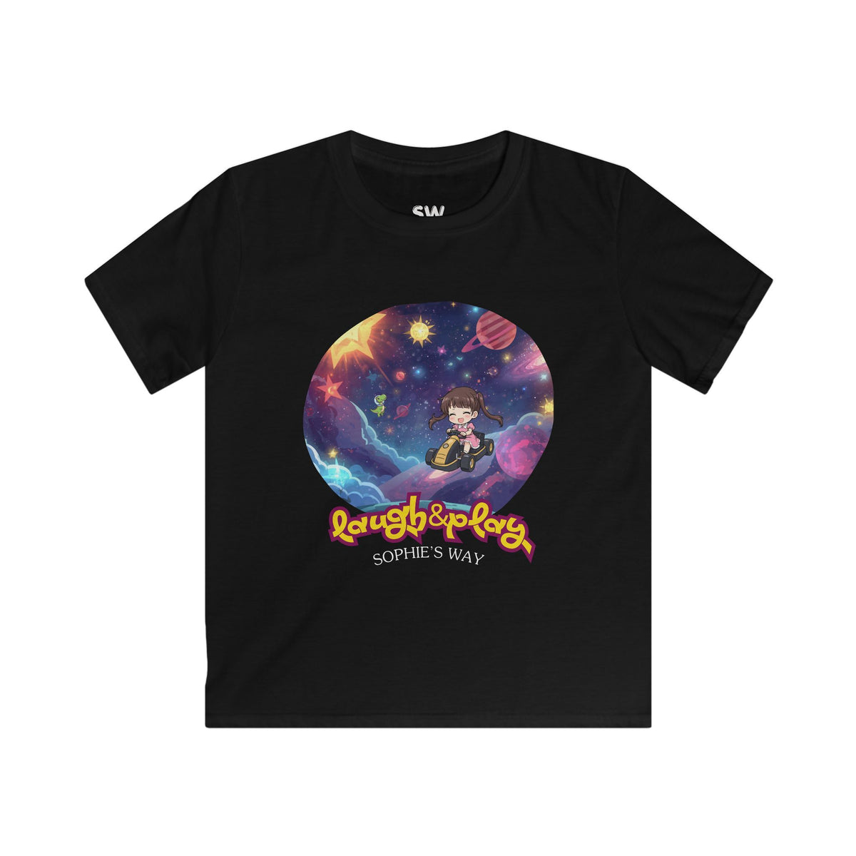 A black short-sleeve crewneck t-shirt featuring a colorful graphic of a cartoon girl in space with the text 'Laugh & Play' and 'Sophie's Way'.