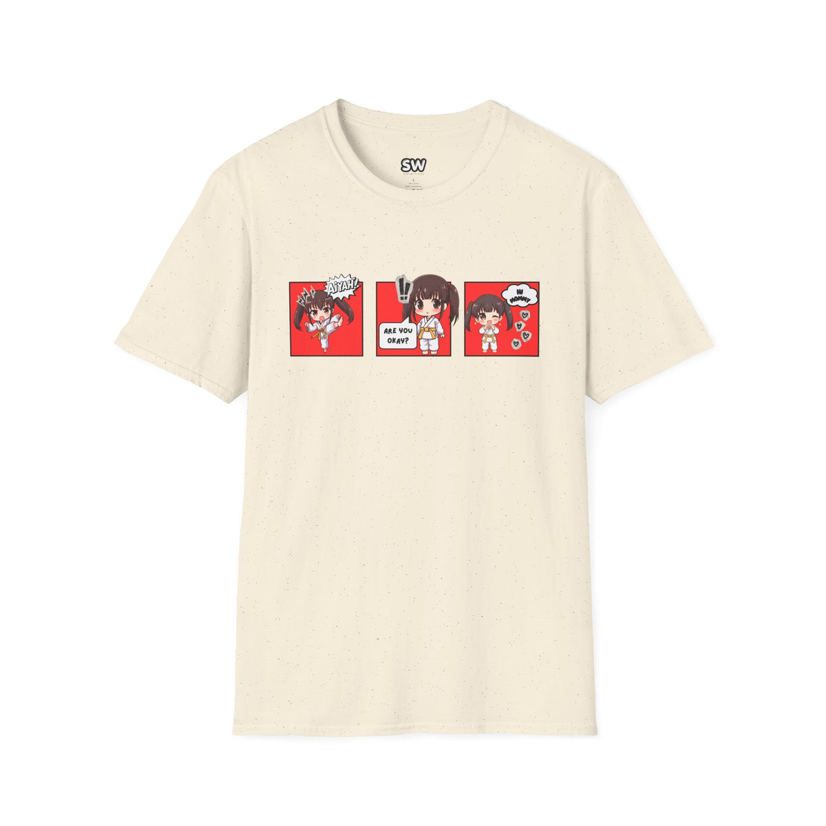 Are You Okay? unisex softstyle t-shirt in natural/cream with chibi taekwondo girl three-panel comic strip graphic — "Aiyah!", "Are You Okay?", "Hi Mommy"