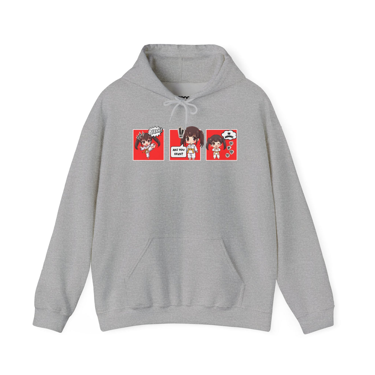 A sport grey pullover hoodie with a red and multicolor anime-style graphic print on the chest of a taekwondo girl saying 'Aiyah!' then 'Are you okay?', and then 'Hi Mommy.'
