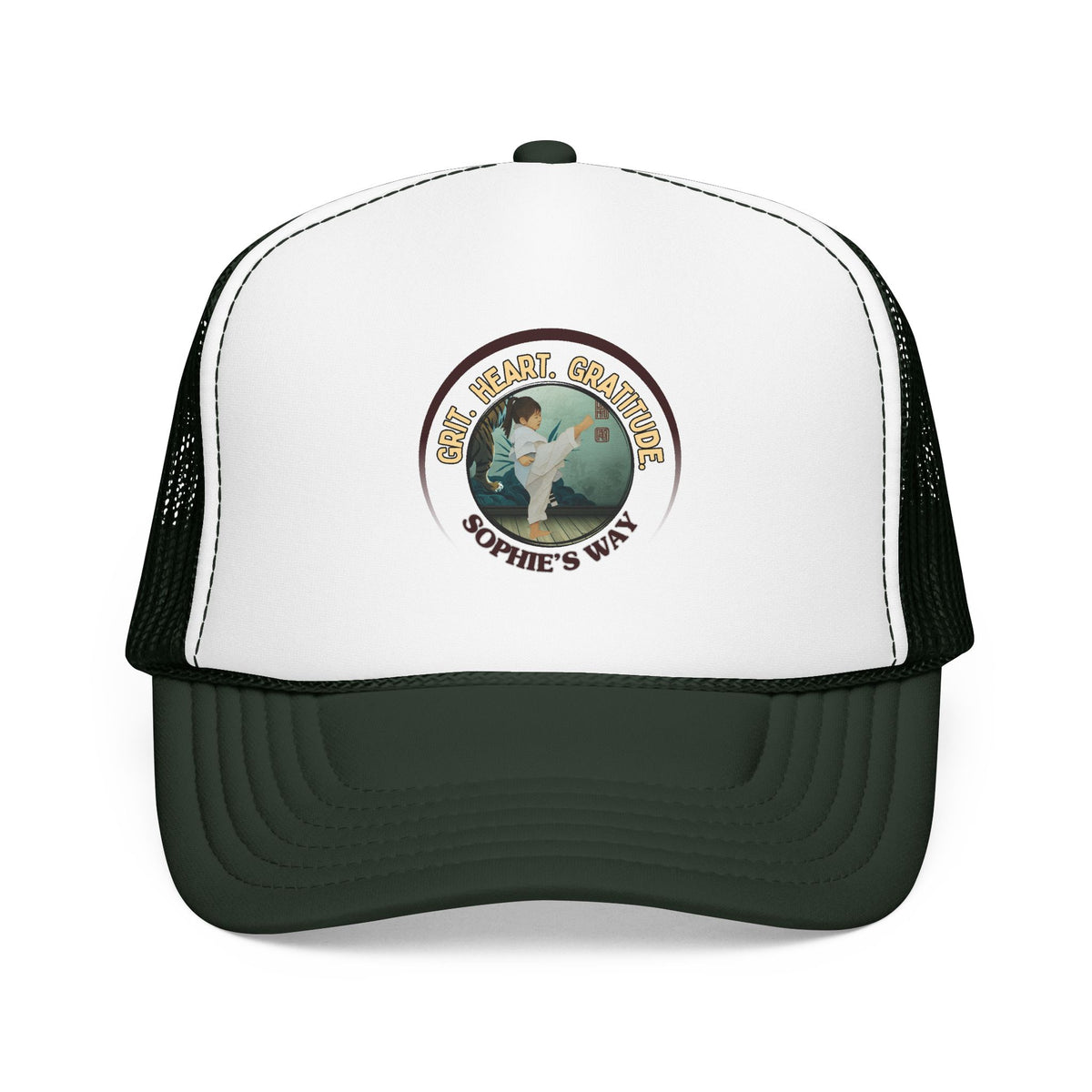 A forest green and white trucker hat with a circular graphic on the front panel. The graphic features a border with the words 'Grit. Heart. Gratitude. Sophie's Way' and a taekwondo tot doing a side kick in the center.
