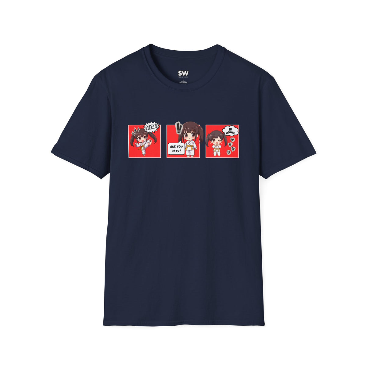 Are You Okay? unisex softstyle t-shirt in navy blue with chibi taekwondo girl three-panel comic strip graphic — "Aiyah!", "Are You Okay?", "Hi Mommy"