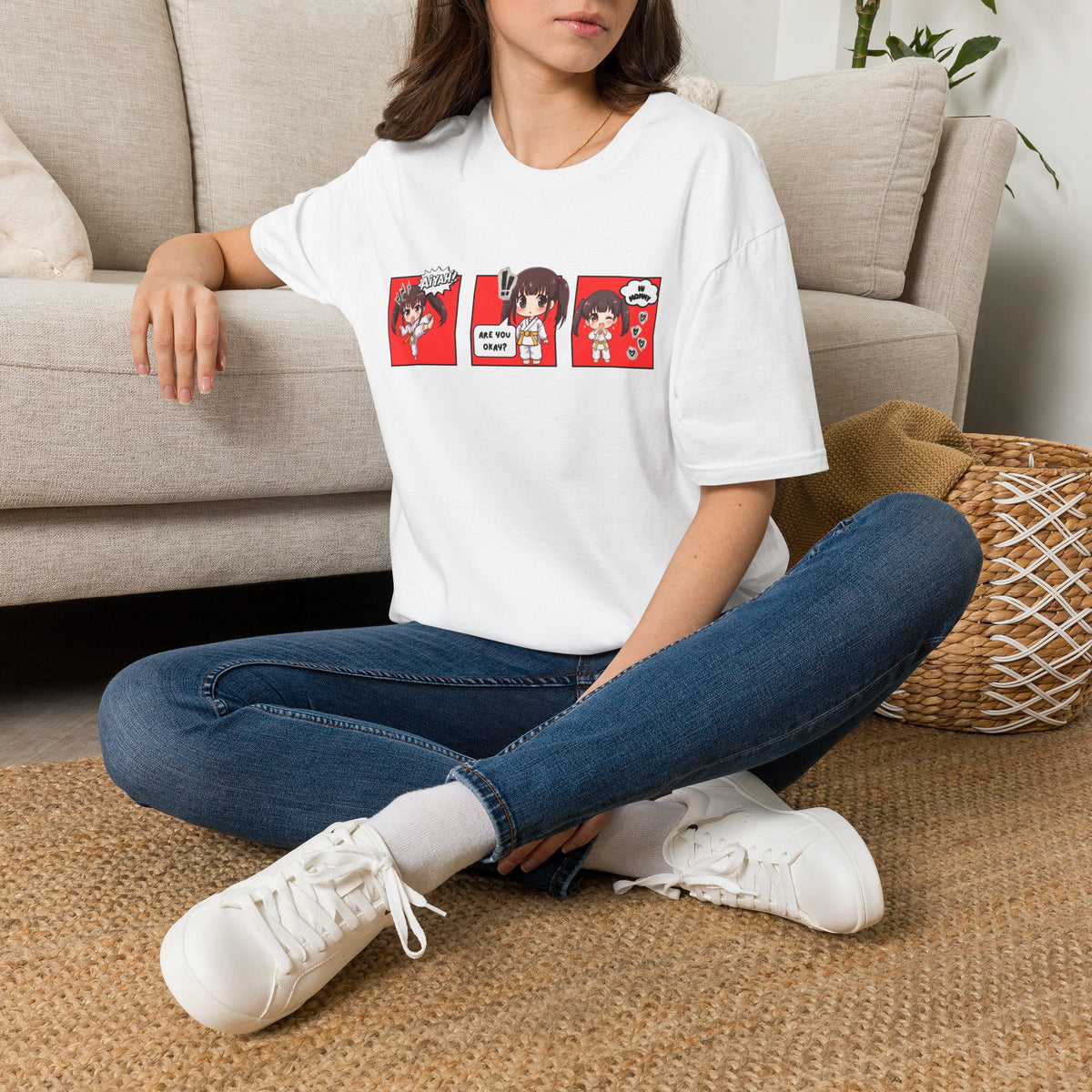 Are You Okay? unisex softstyle t-shirt in white with chibi taekwondo girl three-panel comic strip graphic — "Aiyah!", "Are You Okay?", "Hi Mommy"