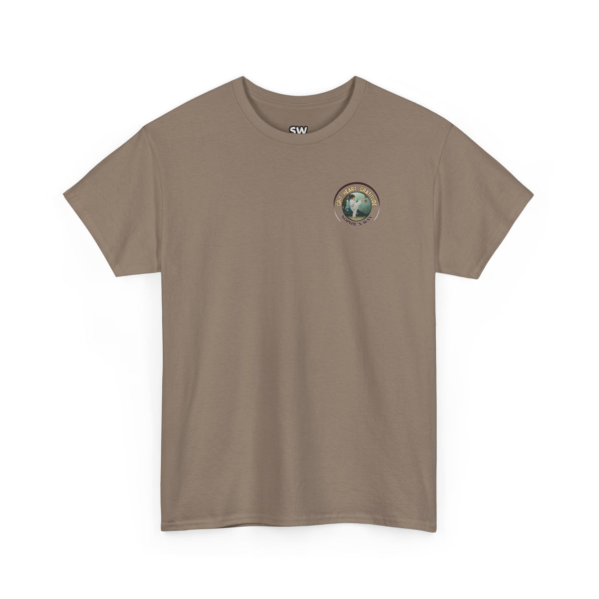 Brown savanna colored t-shirt with a small round logo of a taekwondo girl doing a side kick and the words Grit. Heart. Gratitude. Sophie's Way.