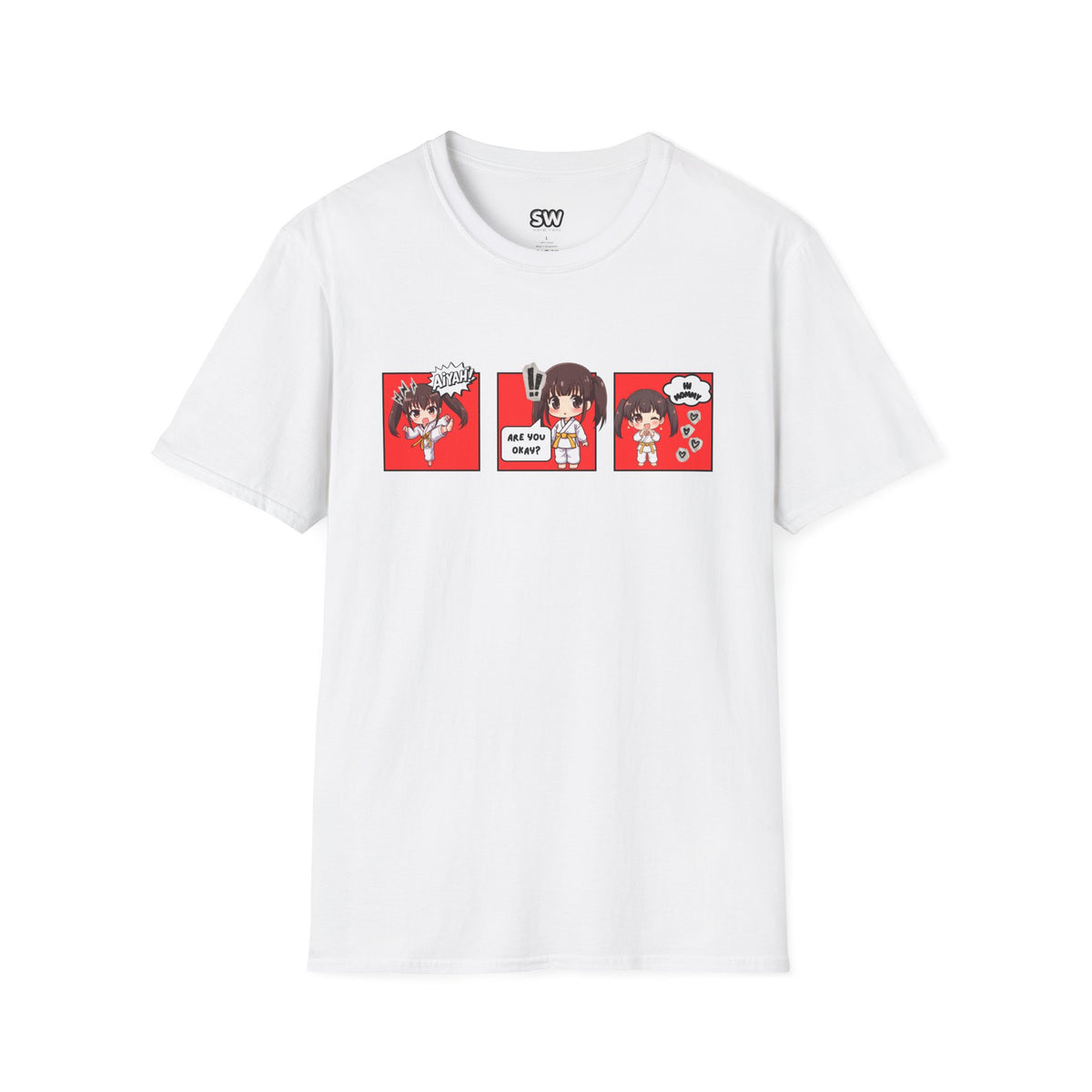 Are You Okay? unisex softstyle t-shirt in white with chibi taekwondo girl three-panel comic strip graphic — "Aiyah!", "Are You Okay?", "Hi Mommy"