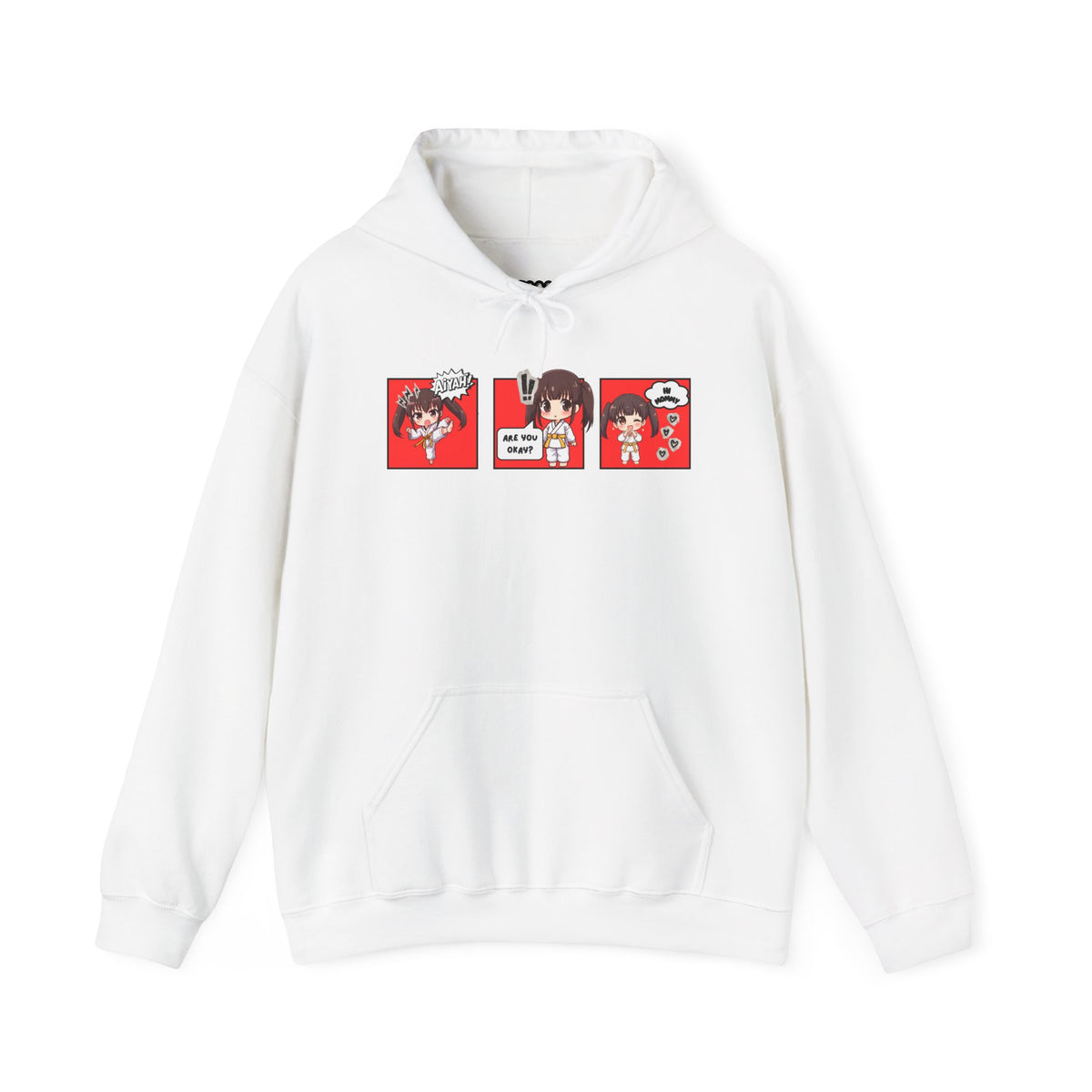 A white pullover hoodie with a red and multicolor anime-style graphic print on the chest of a taekwondo girl saying 'Aiyah!' then 'Are you okay?', and then 'Hi Mommy."