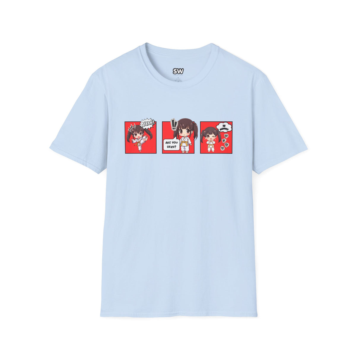Are You Okay? unisex softstyle t-shirt in light blue with chibi taekwondo girl three-panel comic strip graphic — "Aiyah!", "Are You Okay?", "Hi Mommy"