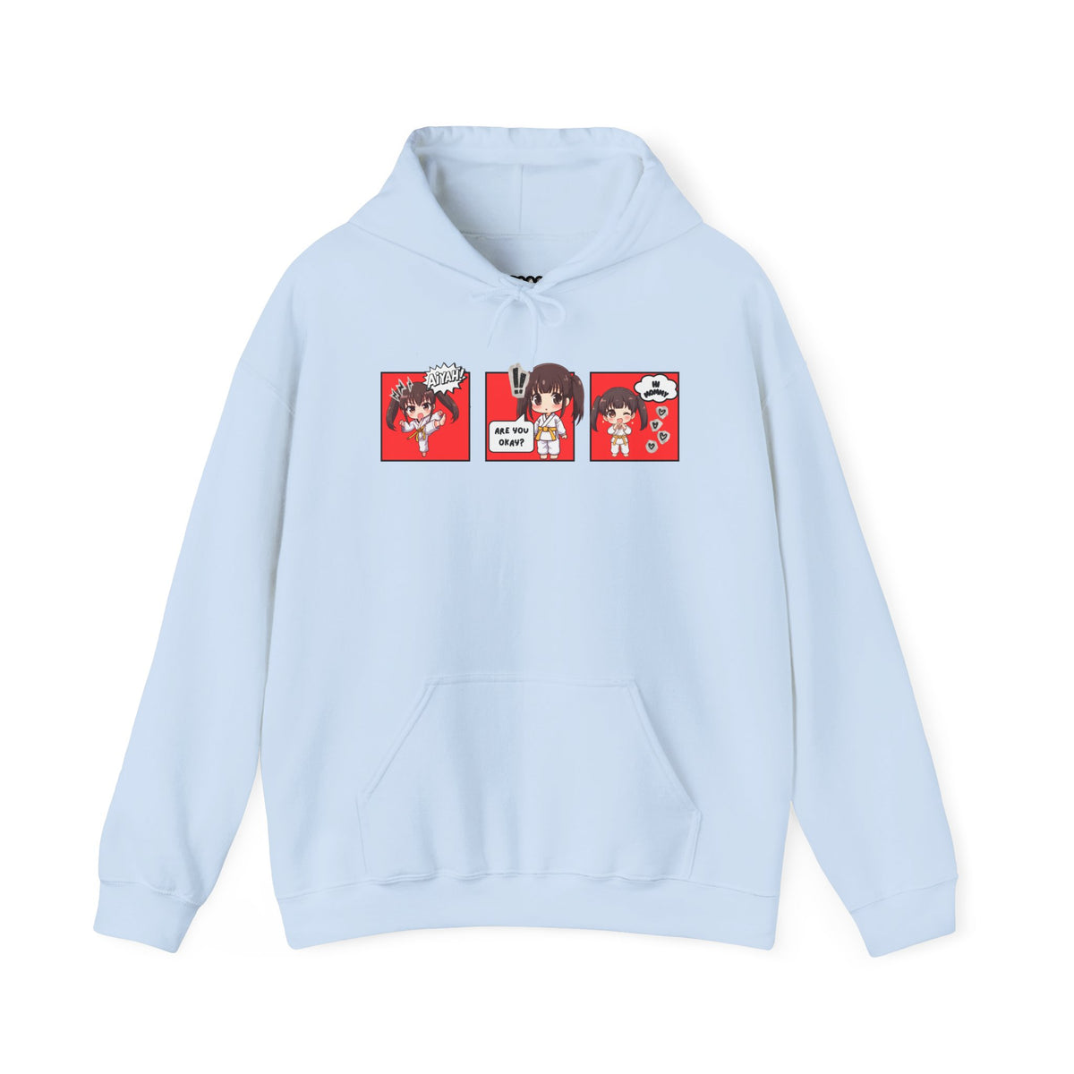 A light blue pullover hoodie with a red and multicolor anime-style graphic print on the chest of a taekwondo girl saying 'Aiyah!' then 'Are you okay?', and then 'Hi Mommy.'