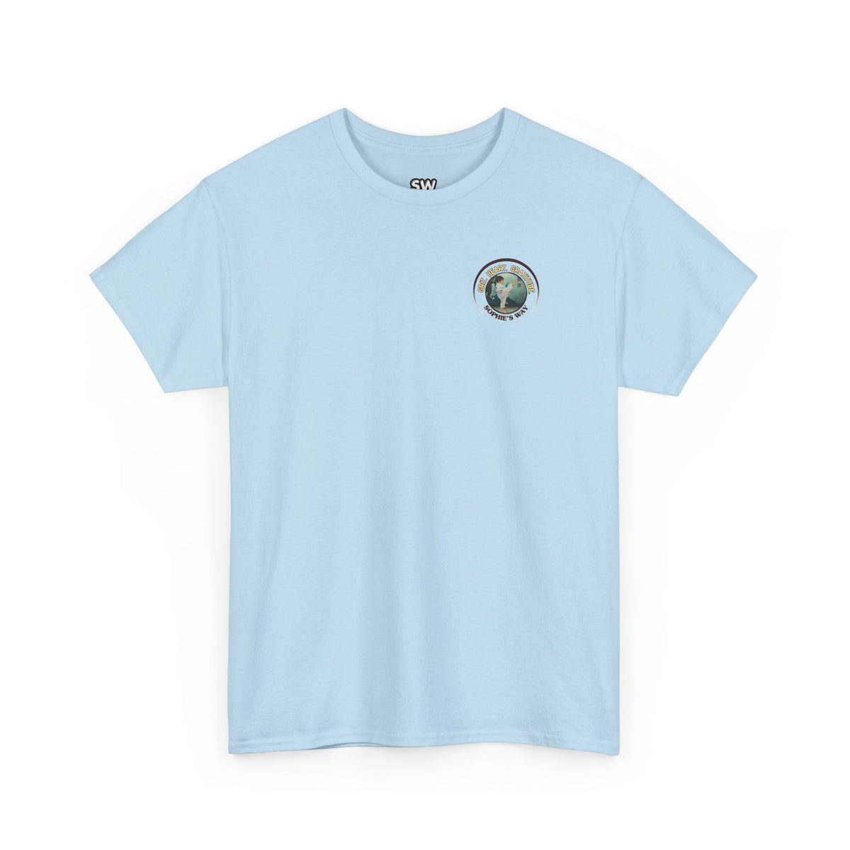 Light blue colored t-shirt with a small round logo of a taekwondo girl doing a side kick and the words Grit. Heart. Gratitude. Sophie's Way.