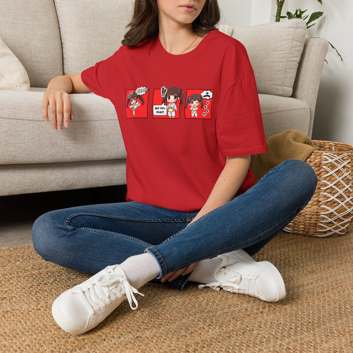 Are You Okay? unisex softstyle t-shirt in red with chibi taekwondo girl three-panel comic strip graphic — "Aiyah!", "Are You Okay?", "Hi Mommy"