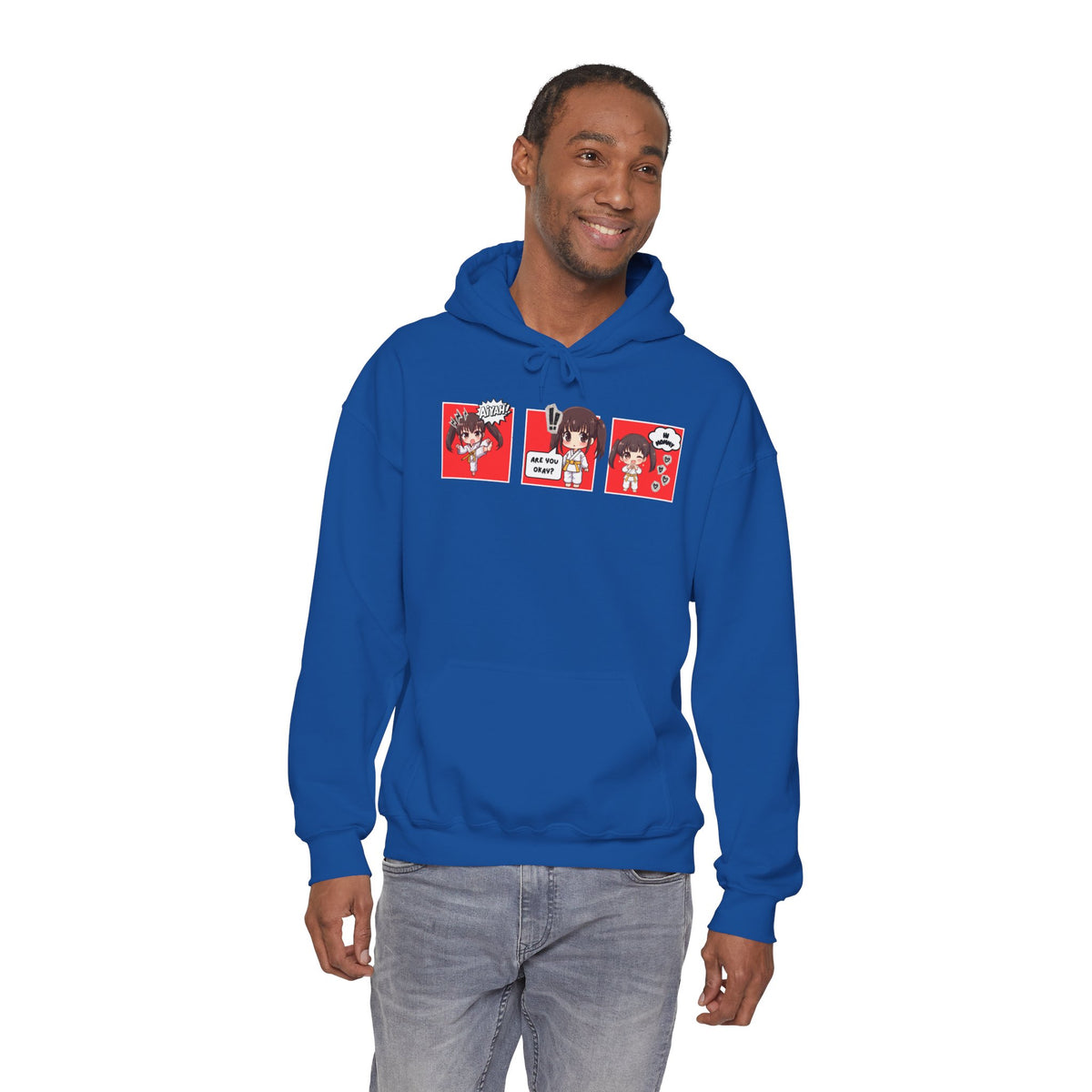 A royal blue pullover hoodie with a red and multicolor anime-style graphic print on the chest of a taekwondo girl saying 'Aiyah!' then 'Are you okay?', and then 'Hi Mommy.'