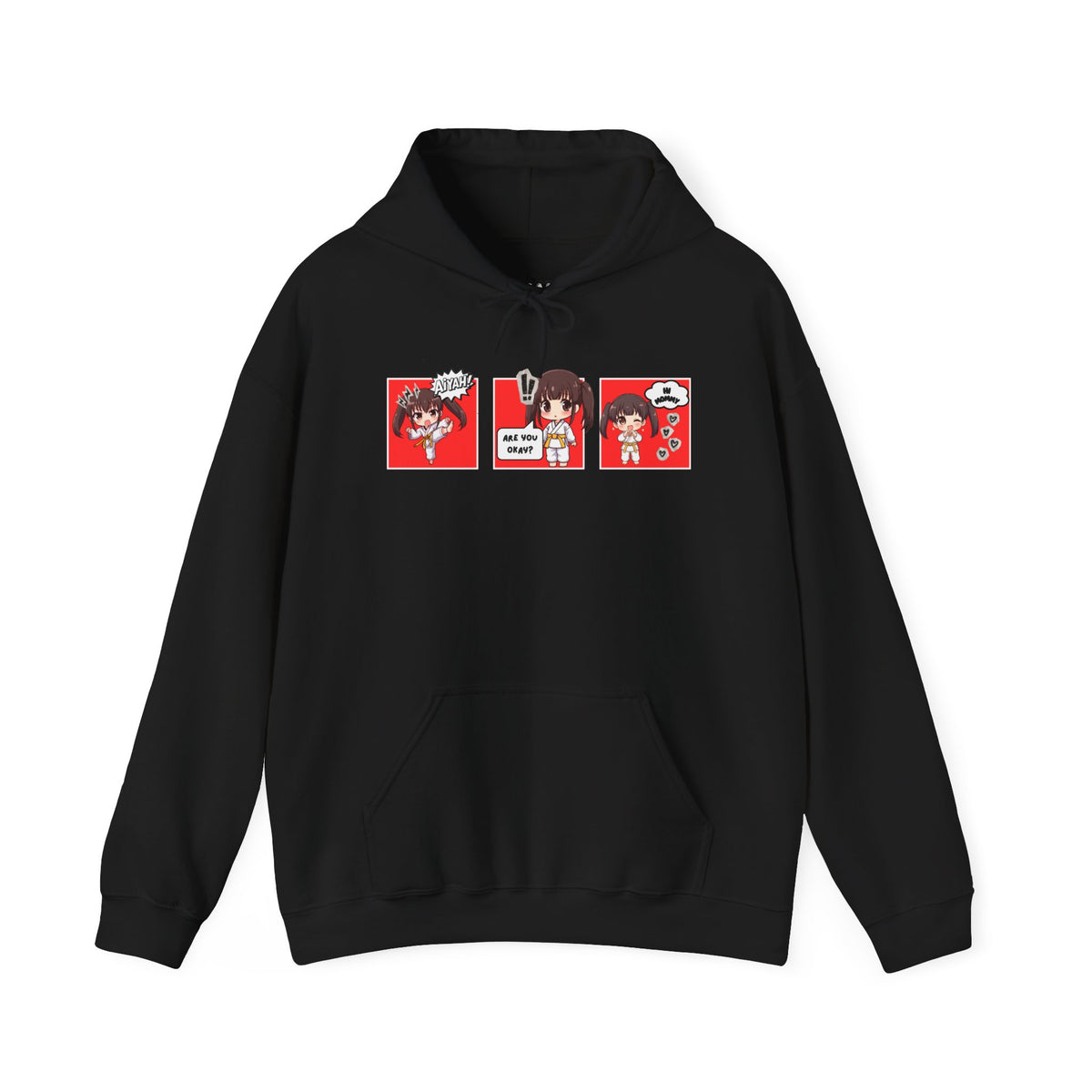 A black pullover hoodie with a red and multicolor anime-style graphic print on the chest of a taekwondo girl saying 'Aiyah!' then 'Are you okay?', and then 'Hi Mommy."