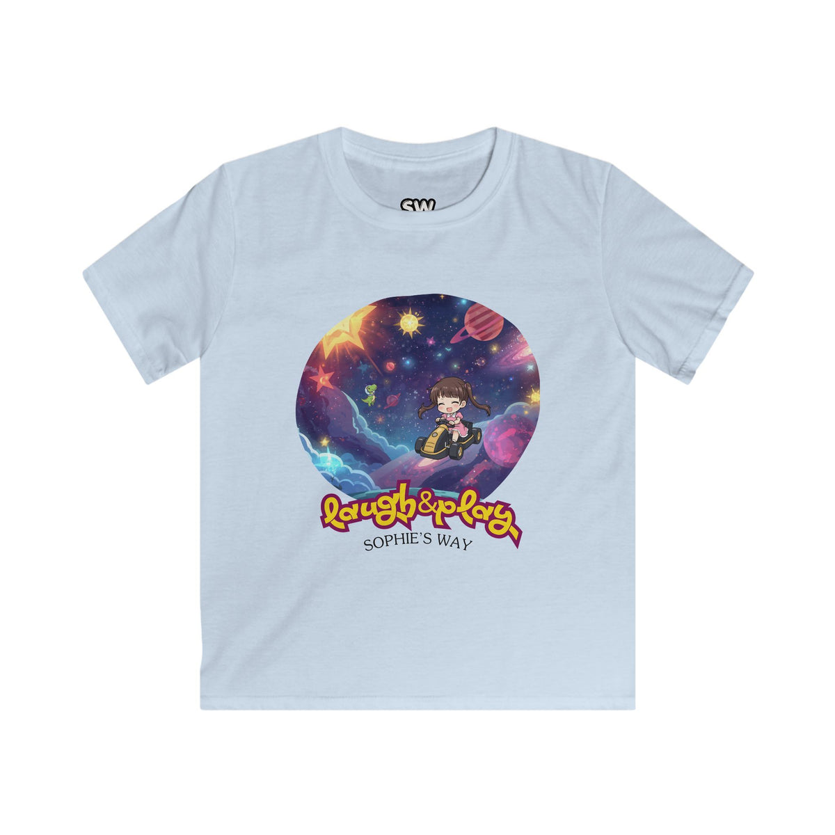 A light blue short-sleeve crewneck t-shirt featuring a colorful graphic print of a cartoon girl in space with the text 'Laugh & Play' and 'Sophie's Way'.