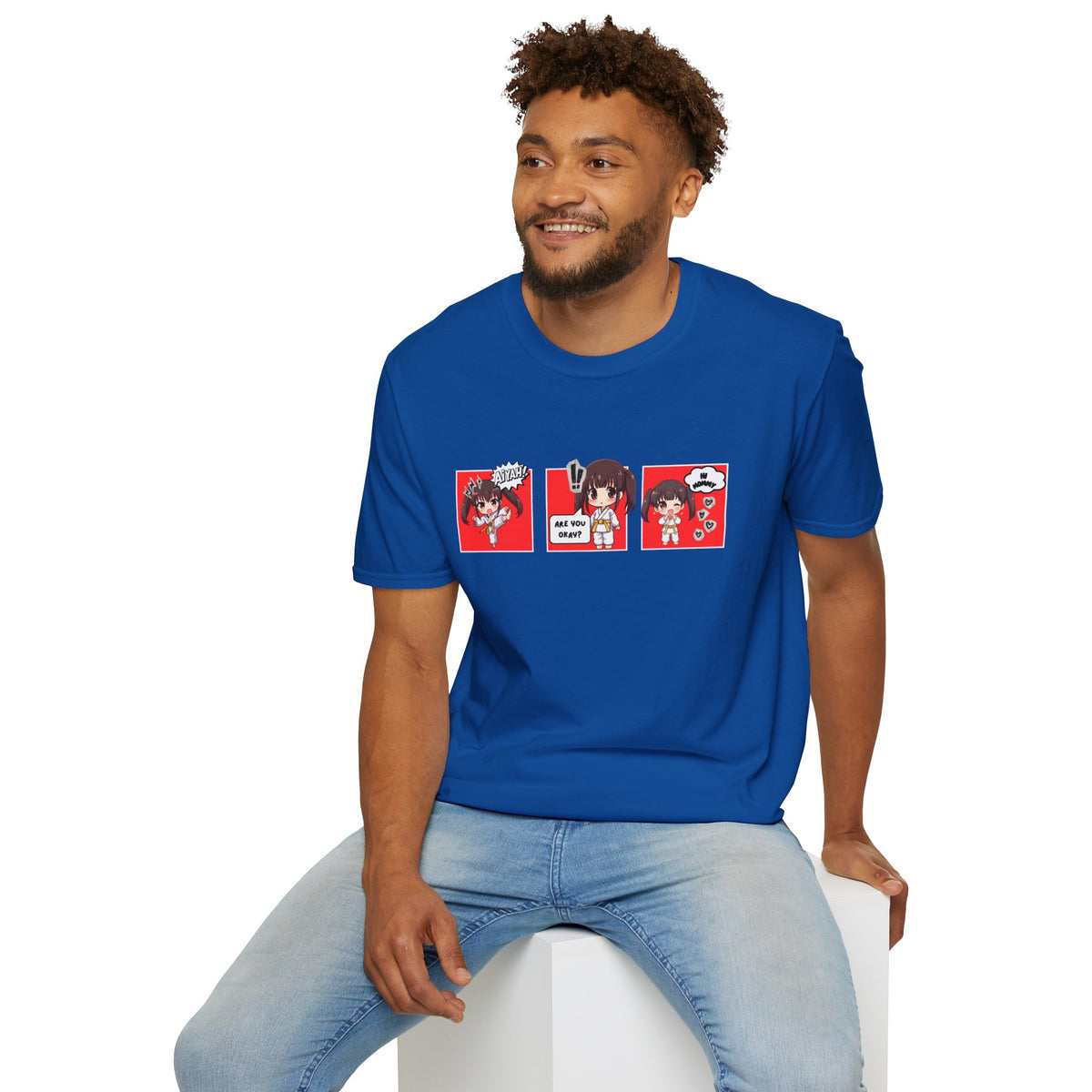 Are You Okay? unisex softstyle t-shirt in royal blue with chibi taekwondo girl three-panel comic strip graphic — "Aiyah!", "Are You Okay?", "Hi Mommy"